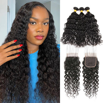Missbuy 4x4 Lace Closure with 3 Bundles Water Wave