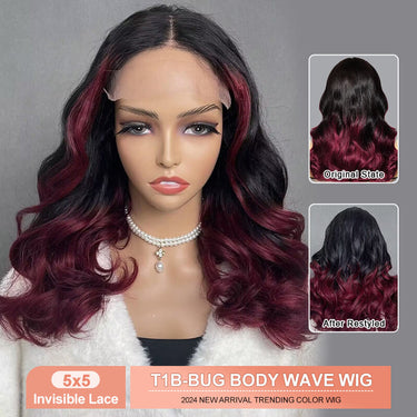 Missbuy 5x5 Lace Body Wave T1B/BUG Color Human Hair Wigs for Women