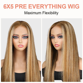 Missbuy 100% Virgin Human Hair Pre Everything 6x5 Lace P6/22 Color Straight Wear & Go Gluless Wig