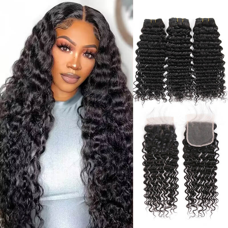 Missbuy 4x4 Lace Closure with 3 Bundles Deep Wave