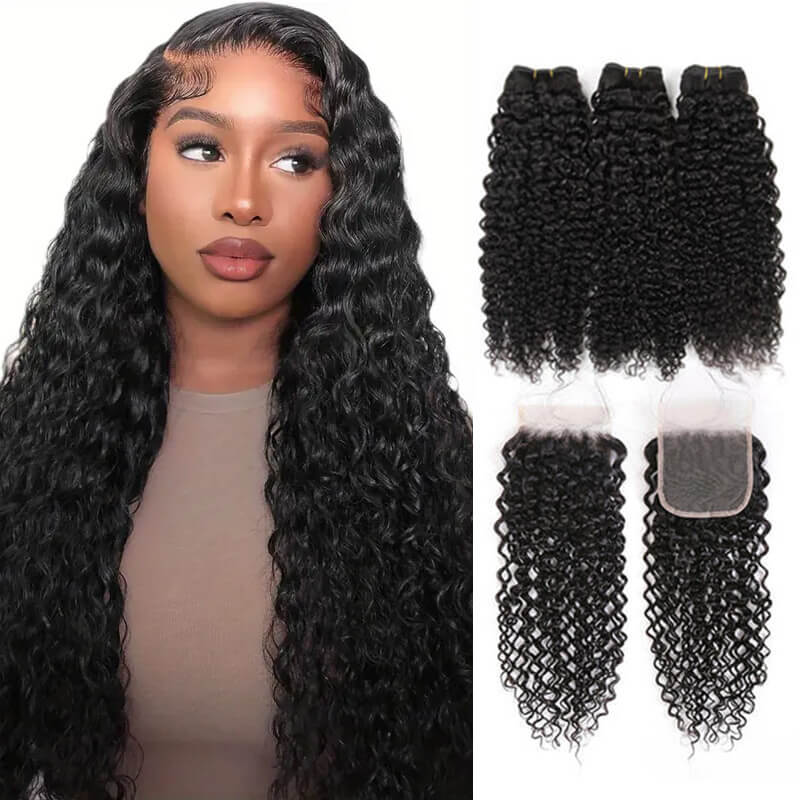 Missbuy 4x4 Lace Closure with 3 Bundles Kinky Curly