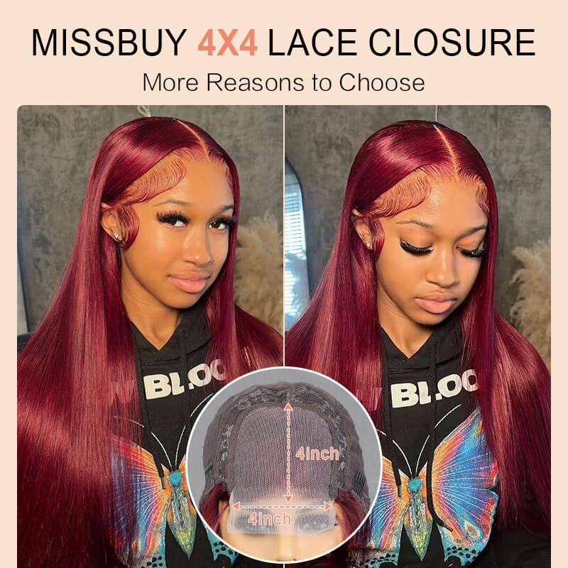 Missbuy 99J Color 4x4 Lace Straight 100% Human Hair Wig for Black Women