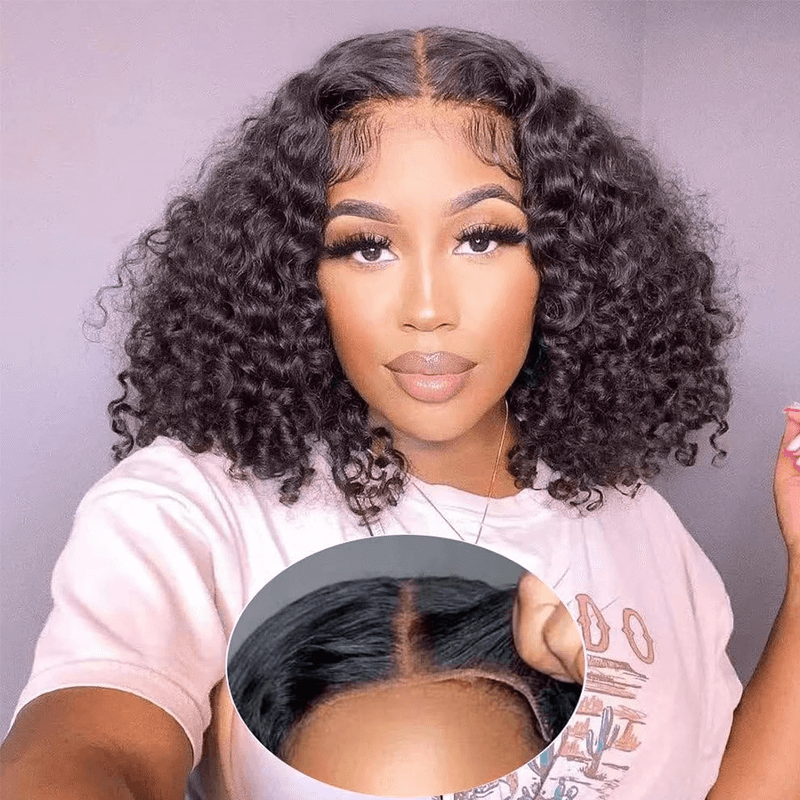 Missbuy 5x5 Pre Cut Lace Wear & Go Glueless Water Wave Short Bob Wig with Pre Bleached Knots