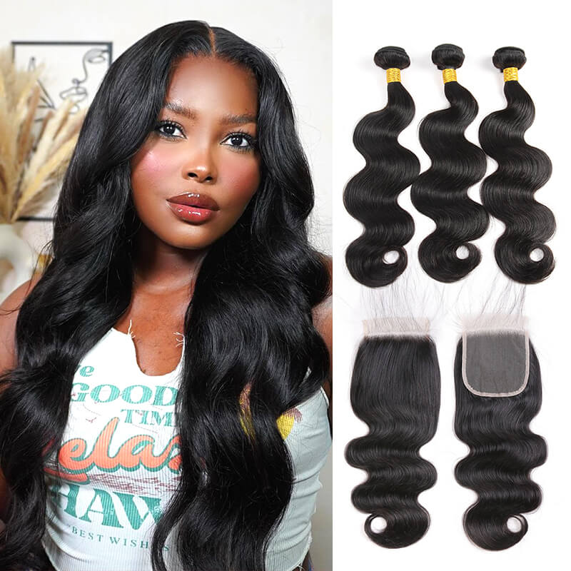 Missbuy 4x4 Lace Closure with 3 Bundles Body Wave
