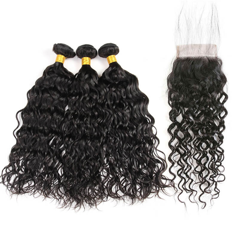 Missbuy 4x4 Lace Closure with 3 Bundles Water Wave