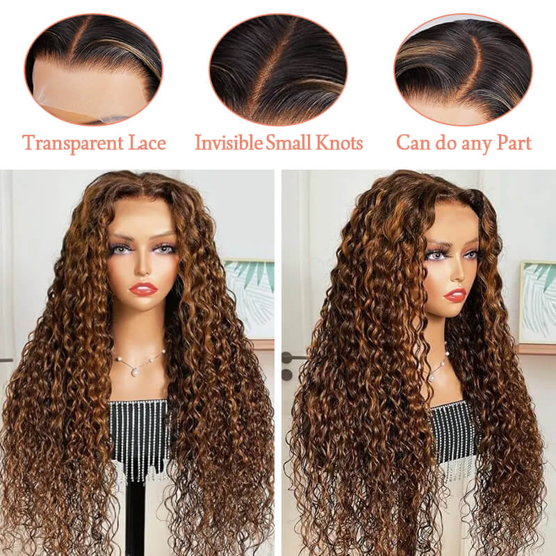 Missbuy 13x4 Lace invisible small knots water wave Highlight Color wig