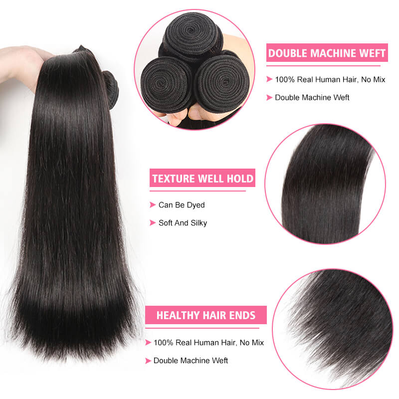 Missbuy 3 pcs Straight Human Hair Bundles