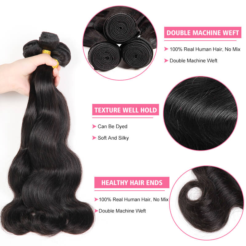 Missbuy 3 pcs Body Wave Human Hair Bundles