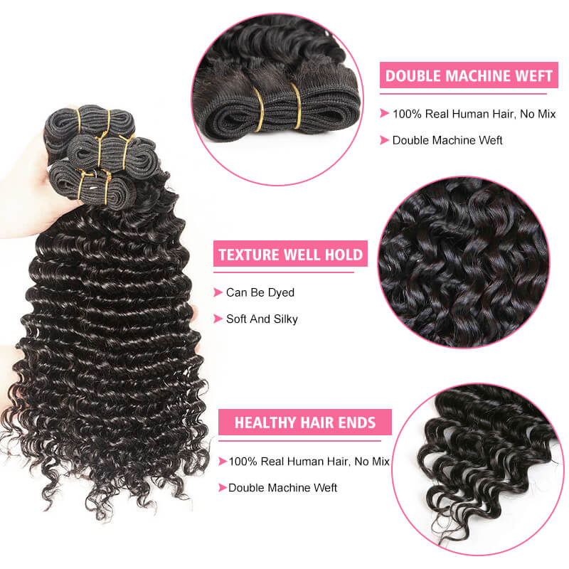 Missbuy 3 pcs Deep Wave Human Hair Bundles
