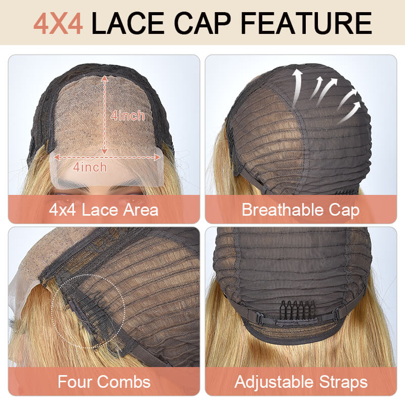 Missbuy Honey Blonde #27 Color 4x4 Lace Closure Straight Human Hair Wig