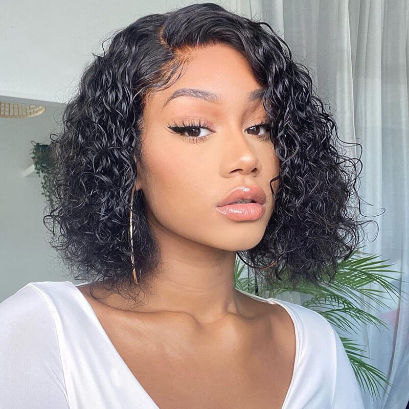 Missbuy 5x5 Pre Cut Lace Wear & Go Glueless Water Wave Short Bob Wig with Pre Bleached Knots