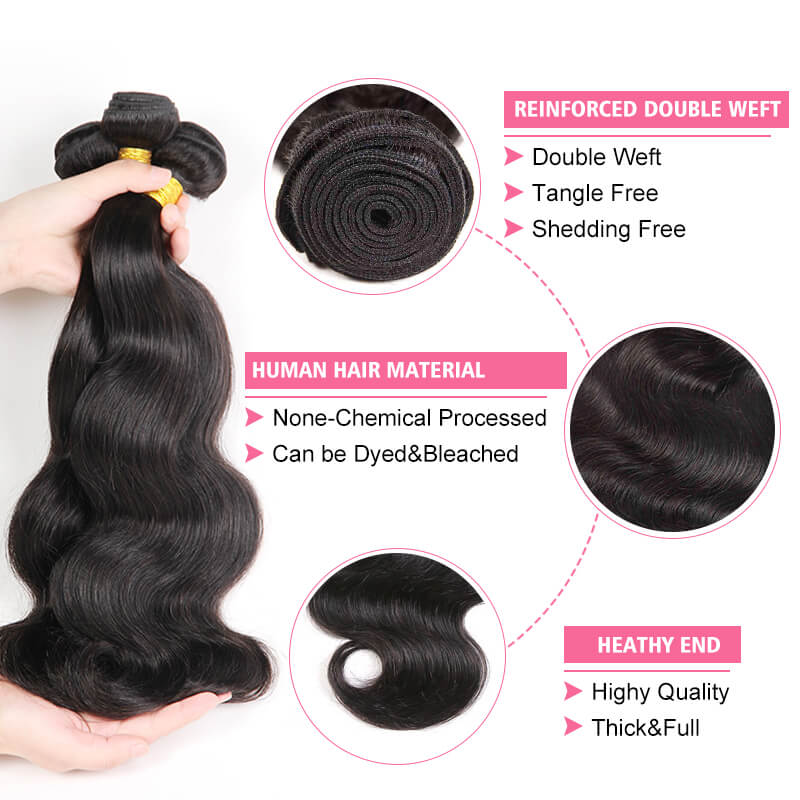 Missbuy 4 pcs Body Wave Human Hair Bundles
